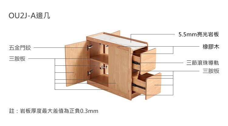 OU2J-A邊几5.5mm亮光岩板五金門鉸三胺板註:岩板厚度最大差值為正負0.3mm橡膠木三節滾珠導軌三胺板