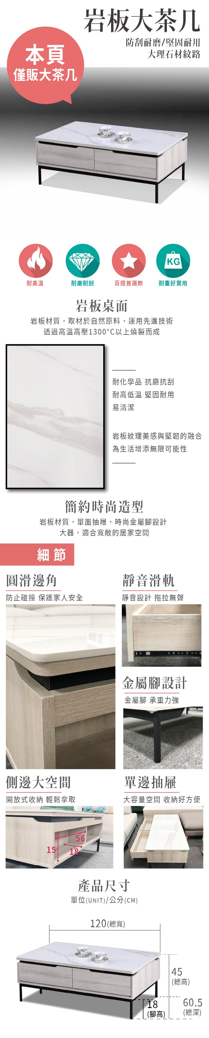 本頁僅販大茶几岩板大茶几防刮耐磨/堅固耐用大理石材紋路KG耐高溫耐磨耐刮百搭首選款耐重好實用岩板桌面岩板材質,取材於自然原料,運用先進技術透過高溫高壓1300以上燒製而成耐化學品 抗磨抗刮耐高低溫 堅固耐用易清潔岩板紋理美感與堅韌的融合為生活增添無限可能性簡約時尚造型岩板材質,單面抽屜,時尚金屬腳設計大器,適合寬敞的居家空間細節圓滑邊角靜音滑軌防止碰撞 保護家人安全靜音設計 拖拉無聲金屬腳設計金屬腳 承重力強側邊大空間單邊抽屜開放式收納 輕鬆拿取大容量空間 收納好方便56產品尺寸單位(UNIT)/公分(CM)120(總寬)45(總高)1860.5(腳高)(總深)