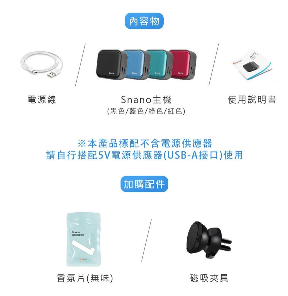 內容物電源線主機使用說明書(黑色/藍色/綠色/紅色)※本產品標配不含電源供應器請自行搭配5V電源供應器(USB-A接口)使用加購配件Snano香氛片(無味)磁吸夾具