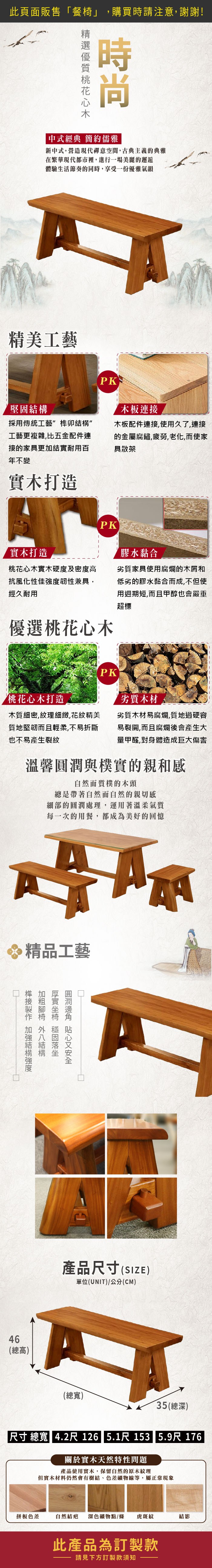 此頁面販售「餐」購買時請注意謝謝!中式經典 簡約儒雅新中式。營造現代禪意空間,古典主義的典雅在繁華現代都市裡,進行一場美麗的邂逅體驗生活節奏的同時,享受一份優雅氣韻精美工藝PK堅固木板連採用傳統工藝卯”工藝更複雜,比五金配件連接的家具更加結實耐用百年不變木板配件連接,使用久了,連接的金屬腐鏽,疲勞,老化,而使家具散架實木打造實木打造PK膠水黏合桃花心木實木硬度及密度高抗風化性佳韌性兼具,經久耐用劣質家具使用腐爛的木屑和低劣的膠水黏合而成,不但使用週期短,而且甲醇也會嚴重超標優選桃花心木PK桃花心木打造劣質木材木質細密,紋理細緻,花紋精美質地堅韌而且輕柔,不易折斷也不易產生裂紋劣質木材易腐爛,質地過硬容易裂開,而且腐爛後會產生大量甲醛,對身體造成巨大傷害溫馨與樸實的親和感自然而質樸的木頭總是帶著自然而自然的親切感細部的圓潤處理,運用著溫柔氣質每一次的用餐,都成為美好的回憶精品工藝다榫接 結構強度椅 結構厚實坐 落坐圓潤 安全46(總高)產品尺寸(SIZE)單位(UNIT)/公分(CM)(總寬)35(總深)尺寸 總寬 4.2尺 126 5.1尺 153 5.9尺 176關於實木天然特性問題產品使用實木,保留自然的原木紋理但實木材料仍然會有樹結、色差礦物線等,屬正常現象拼板色差自然結疤深色礦物點/條 虎斑紋結影此產品為訂製款請見下方訂製款須知