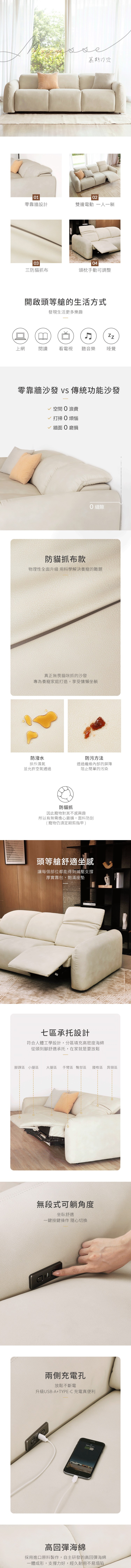 慕斯沙發102零靠牆設計雙邊 一躺0304三防貓抓布頭枕手動可調整開啟頭等艙的生活方式發現生活更多樂趣上網閱讀 看電視 聽音樂睡覺零靠牆沙發  傳統功能沙發空間浪費打掃 0煩惱牆面磨損  防貓抓布款物理性全面升級用科學解決養寵的難題真正無畏貓咪抓的沙發專為養寵家庭打造,享受慵懶坐躺防潑水防污方法排斥濕氣並允許空氣通過透過纖維內部的屏障阻止簡單的污染防貓抓因此寵物對其不感興趣所以有無需擔心磨損,面料防刮(寵物仍須定期剪指甲)頭等艙舒適坐感讓每個部位都能得到減壓支撐厚實靠包,飽滿座墊七區承托設計符合人體工學設計,分區填充高密度海綿從頭到腳舒適承托,在家就是要放鬆腳踝區 小腿區大腿區手臂區 臀部區腰椎區 肩頸區無段式可躺角度坐臥舒適一鍵按鍵操作隨心切換兩側充電孔放鬆不斷電升級USB-A+TYPE-C 充電真便利高回彈海綿採用進口原料製作,自主研發的高回彈海綿一體成形,支撐力好,經久耐用不易塌陷