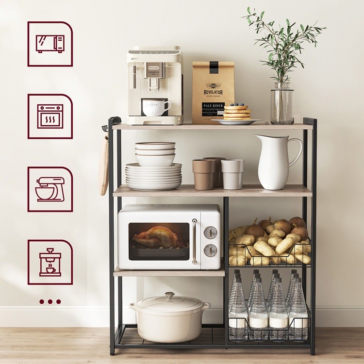 廚房層架可放烤箱,可當餐櫃放湯鍋餐盤組,也可當早餐檯放咖啡機