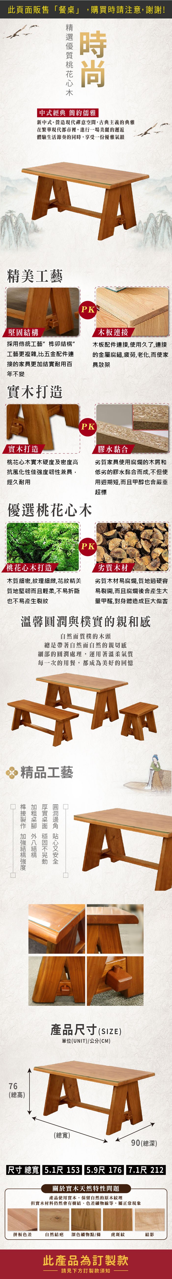 此頁面販售「餐桌」購買時請注意,謝謝!中式經典 簡約儒雅新中式。營造現代禪意空間,古典主義的典雅在繁華現代都市裡,進行一場美麗的邂逅體驗生活節奏的同時,享受一份優雅氣韻精美工藝PK堅固木板連採用傳統工藝卯工藝更複雜,比五金配件連接的家具更加結實耐用百年不變木板配件連接,使用久了,連接的金屬腐鏽,疲勞,老化,而使家具散架實木打造實木打造PK桃花心木實木硬度及密度高抗風化性佳韌性兼具,經久耐用膠水黏合劣質家具使用腐爛的木屑和低劣的膠水黏合而成,不但使用週期短,而且甲醇也會嚴重超標優選桃花心木PK桃花心木打造劣質木材木質細密,紋理細緻,花紋精美質地堅韌而且輕柔,不易折斷也不易產生裂紋劣質木材易腐爛,質地過硬容易裂開,而且腐爛後會產生大量甲醛,對身體造成巨大傷害溫馨與樸實的親和感自然而質樸的木頭總是帶著自然而自然的親切感細部的圓潤處理,運用著溫柔氣質每一次的用餐,都成為美好的回憶精品工藝圓潤 安全 結構厚實面 不晃動榫接 結構強度76(總高)產品尺寸(SIZE)單位(UNIT)/公分(CM)(總寬)90(總深)尺寸 總寬 5.1尺 153 5.9尺 176 7.1尺 212關於實木天然特性問題產品使用實木,保留自然的原木紋理但實木材料仍然會有樹結、色差礦物線等,屬正常現象拼板色差自然結疤 深色礦物點/條 虎斑紋結影此產品為訂製款請見下方訂製款須知