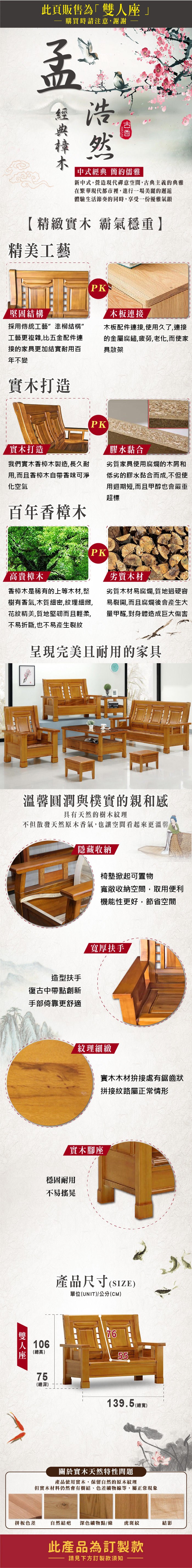 此頁販售為」·購買時請注意謝謝浩然「中式經典 簡約儒雅新中式。營造現代禪意空間古典主義典雅在繁華現代都市裡,進行一場美麗的邂逅體驗生活節奏的同時,享受一份優雅氣韻【精緻實木 霸氣穩重】精美工藝堅固結構PK木板連接採用傳統工藝準柳結構”工藝更複雜,比五配件連接的家具更加結實耐用百年不變木板配件連接,使用久了,連接的金 屬腐鏽,疲勞,老化,而使家具散架實木打造PK實木打造我們實木香樟木製造,長久耐用,而且香樟木香味可淨化空氣百年香樟木膠水黏合劣質家具使用腐爛的木屑和低劣的膠水黏合而成,不但使用週期短,而且甲醇也會嚴重超標高貴樟木香樟木是稀有的上等木材,整樹有香氣,木質細密,紋理細緻,花紋精美,質地堅韌而且輕柔,不易折斷,也不易產生裂紋PK劣質木材劣質木材易腐爛,質地過硬容易裂開,而且腐爛後會產生大量甲醛,對身體造成巨大傷害呈現完美且耐用的家具溫馨圓潤與樸實的親和感具有天然的樹木紋理不但散發天然原木香氣,也讓空間看起來更溫馨隱藏收納椅墊掀起可置物寬敞收納空間,取用便利機能性更好,節省空間造型扶手復古中帶點創新手部倚靠更舒適雙人座寬厚扶手紋理細緻實木木材拚接處有鋸齒狀拼接紋路屬正常情形實木腳座穩固耐用不易搖晃106(總高)75(總深)產品尺寸(SIZE)單位(UNIT)/公分(CM)7655139.5 (總寬)關於實木天然特性問題產品使用實木,保留自然的原木紋理但實木材料仍然會有樹結、色差礦物線等,屬正常現象拼板色差自然結疤 深色礦物點/條 虎斑紋結影此產品為訂製款請見下方訂製款須知
