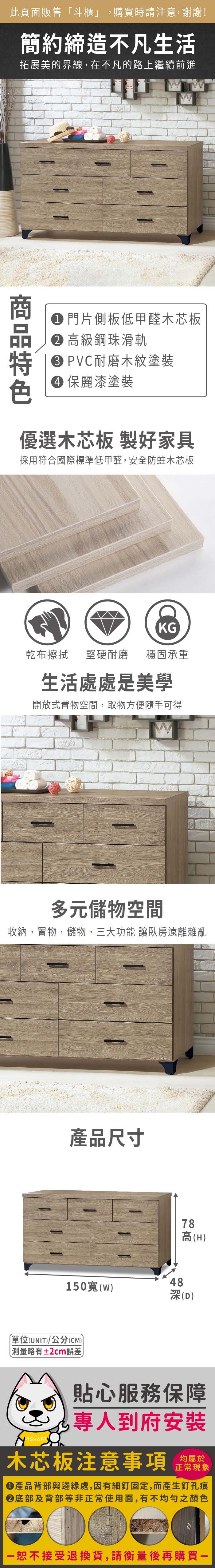 此頁面販售「斗櫃」購買時請注意,謝謝!簡約締造不凡生活拓展美的界線,在不凡的路上繼續前進 門片側板低甲醛木芯板 高級鋼珠滑軌 PVC耐磨木紋塗裝 麗漆塗裝優選木芯板 製好家具採用符合國際標準低甲醛,安全防蛀木芯板KG乾布擦拭堅硬耐磨 穩固承重生活處處是美學開放式置物空間,取物方便隨手可得多元儲物空間收納,置物,儲物,三大功能 讓臥房遠離雜亂產品尺寸78高(H)40150()深(D)單位(UNIT)/公分(CM))略有±2cm誤差貼心服務保障,專人到府安裝木芯板注意事項均屬於正常現象產品背部與邊緣處,因有細釘固定,而產生釘孔痕底部及背部等非正常使用面,有不均勻之顏色恕不接受退換貨,請衡量後再購買一