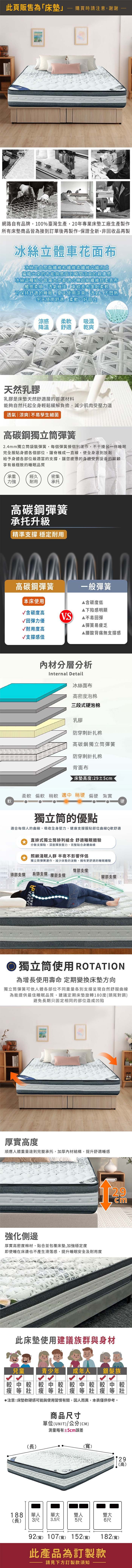 此頁販售為「床墊購買時請注意謝謝網路自有品牌,100%臺灣生產,0年專業床墊工廠生產製作所有床墊商品皆為接到訂單後再製作,保證全新,非回收品再製冰絲立體車花面布冰絲是由聚酯纖維和纖維素纖維交織而成編織出來的布能夠感受到瞬間涼爽的親膚感「冰絲這種組合普羅大眾都適合超細纖維舒柔表布觸感柔順、透氣極佳,車紋表布蓬鬆柔軟可保持舒適的睡眠,夏天使用涼爽、透氣、不悶熱冬天使用舒適、柔軟、好自在涼感 柔軟吸濕降溫舒適乾爽天然乳膠乳膠是床墊天然舒適層的首選材料能夠自然托起全身輕鬆緩解負擔,減少肌肉受壓力道透氣|涼爽|不易孳生細菌高碳鋼獨立筒彈簧2.4mm獨立筒袋裝彈簧,每個彈簧接個別運作,不干擾另一伴睡眠完全服貼身體各個部位,讓脊椎成一直線,使全身達到放鬆給予身體各部位最適當的支撐,讓您疲憊的身體受到妥善的照顧享有最極致的睡眠品質承重經久密集力強耐用承托高碳鋼彈簧承托升級精準支撐 穩定耐用高碳鋼彈簧一般彈簧本床使用含碳度低下陷感明顯含碳度高V.S不易回彈√回彈力優√耐用度高彈簧易疲乏▲腰酸背痛無支撐感√支撐感佳材分層分析Internal Detail冰絲面布高密度泡棉三段式硬泡棉乳膠防穿刺針扎棉高碳鋼獨立筒彈簧防穿刺針扎棉背面布床墊高度:29±5cm柔軟 偏軟 軟 適中 稍硬 偏硬 紮實軟硬獨立筒的優點適合每個人的曲線,吸收全身壓力,健康支撐服貼部位曲線Q軟舒適直排式獨立筒排列組合 舒適睡眠體驗分散支撐點,深度釋放壓力,完整貼合身體曲線照顧淺眠人群 半夜不影響伴侶獨立筒彈簧運作,減少床墊的波動,擁有更舒適的睡眠體驗臀部支撐頭部支撐肩頸支撐腰部支撐腿部支撐2獨立筒使用 ROTATION為增長使用壽命 定期變換床墊方向獨立筒彈簧可依人體各部位不同重量各別支撐呈現自然舒服曲線為能提供最佳睡眠品質,建議定期床墊旋轉180度頭尾對調)避免長期只固定相同的部位造成凹陷厚實高度順應人體重量達到完整承托,加厚內材結構,提升舒適睡感(強化側邊厚實高密度棉材,貼合並包覆床墊,加強穩定度即使睡在床邊也不產生滑落感,提升睡眠安全及耐用度29cm此床墊使用建議族群與身材兒童青少年 成年人 銀髮族中較較中較 較中較較中較等壯瘦等壯瘦等壯瘦等壯注意:床墊軟硬感可能與使用習慣有關,因人而異,本表僅供參考。(長)商品尺寸單位(UNIT)/公分(CM)測量略有±5cm誤差(寬)29(高)188(長)單人單大雙人雙大3尺3.5尺5尺6尺92(寬) 107(寬) 152(寬)182(寬)此產品為訂製款請見下方訂製款須知