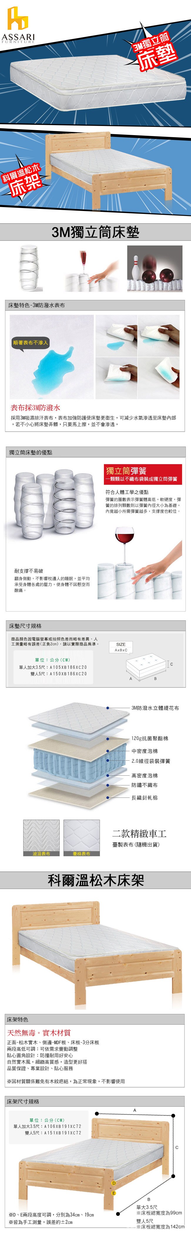 ASSARIFURNITUR3M獨立床墊溫松木床架3M獨立筒床墊床墊特色-3M防潑水表布 順著表布不滲入表布採3M防潑水採用3M吸濕排汗表布,表布加強防護使床墊更衛生,可減少水氣滲透至床墊,若不小心將床墊弄髒,只要馬上擦,並不會滲透,獨立筒床墊的優點 獨立筒彈一顆顆以不織布袋裝成獨立筒彈簧符合人體工學之優點彈簧的圈數表示彈簧體高低,軟硬度,彈簧的排列顆數則以彈簧內徑大小為基礎,內竟越小所需彈簧越多,支撐度也較佳。耐支撑不易破翻身側動,不影響枕邊人的睡眠,並平均承受身體各處的壓力,使身體不因懸空而酸痛。床墊尺寸規格商品顏色因電腦螢幕或拍照色差而略有差異,人工測量略有誤差(正負2cm),請以實際商品為準。SIZEAxBxC單位:公分(CM)單人加大3.5尺:A105XB186XC20雙人5尺:A150XB186XC20AB波浪表布菱格表布防潑水立體花布120g抗菌聚酯棉中密度泡棉2.0線徑袋裝彈簧高密度泡棉防鏽不織布長織針軋棉二款精緻車工臺製表布(隨機出貨)科爾溫松木床架床架特色天然無毒。實木材質正面-松木實木側邊-MDF板、床板-3分床板兩段高低可調:可依需求變動調整貼心圓角設計:防撞耐用好安心自然實木風,細緻高質感,造型更好搭品質保證、專業設計、貼心服務※因材質關係難免有木紋疤結,為正常現象,不影響使用床架尺寸規格單位:公分(CM)單人加大3.5尺:A106XB191XC72雙人5尺:A151XB 191XC72※D、E兩段高度可調,分別為34cm、19cm※皆為手工測量,誤差約±2cmADEB