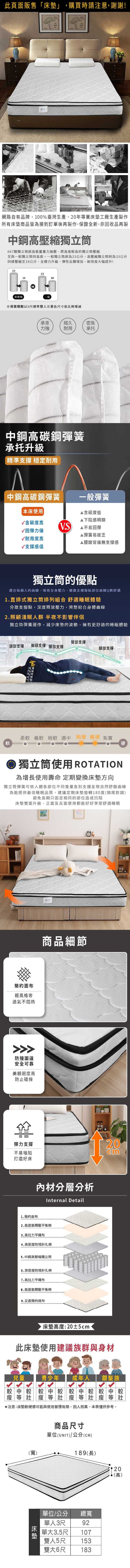 享受舒適睡眠立體花布獨立筒疲勞的你好好放鬆優雅精緻的線條,讓你不只享受舒適睡眠更有自然服貼的感立體花布獨立筒彈簧可依人體各部位不同重量各別支撐為能提供最佳睡眠品質,建議定期床墊旋轉180度頭尾對調避免長期只固定相同的部位造成凹陷此床墊雙面升級,正面及反面使用都能好好享受舒適睡眠適合每個人身體曲線2.3MM線徑直排式獨立筒排列組合分散支撐點,深度釋放壓力完整貼合身體曲線獨立筒與連結式彈簧比獨立筒連結式彈簧獨立筒符合人體的曲線因為是個別獨立的單體所以不易被其他的彈簧所牽引若是雙人同睡即使一人翻身另一人也不易 受影響床墊的支撐力較強無彈性硬度也較連結式彈簧互相牽引導致翻身時容易影響到身旁的人所以較不適合淺眠的人使用安心看得見讓隨立體花布支撐棉 抗菌聚酯棉 中密度泡棉 2.3mm線徑袋裝獨立筒高密度泡棉 防繡不織布· 長纖針軋棉 立體花布床墊軟硬度參考柔軟 偏軟 稍軟適中 稍硬 偏硬紮實此床墊使用建議族群與身材兒童青少年成年人 銀髮族較中較較中較 較中較較中較瘦等壯瘦等壯瘦等壯瘦等壯注意:床墊軟硬感可能與使用習慣有關,因人而異,本僅供參考。產品偏硬()適中偏軟尺寸表長(L)高()(H)單位/公分(CM) 長(L) 寬(W) 高(H)單人3尺18892單大3.5尺188107雙人5尺188 152雙大6尺1881822222