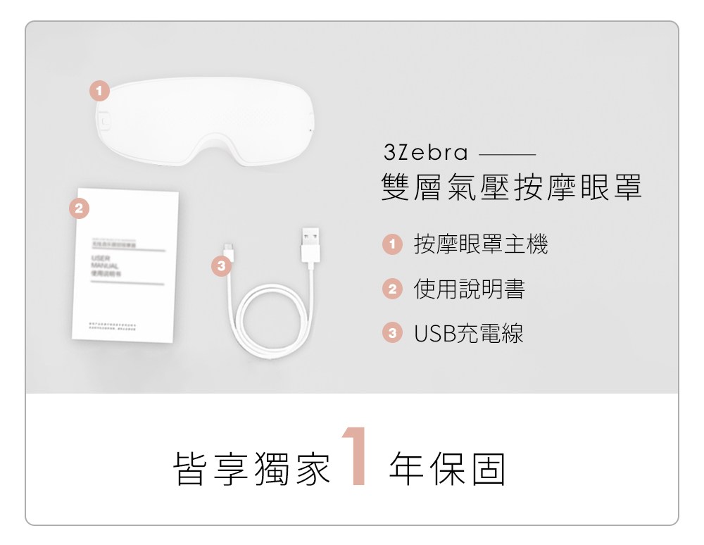 雙層氣壓按摩眼罩 按摩眼罩主機 使用說明書 USB充電線 皆享獨家年保固