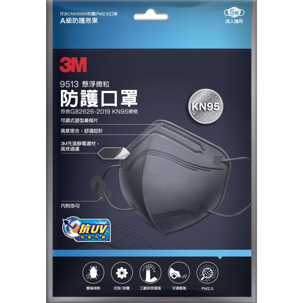 [特價]3M TM 懸浮微粒防護口罩 KN95 黑色 5枚入 9513 抗UV紫外線