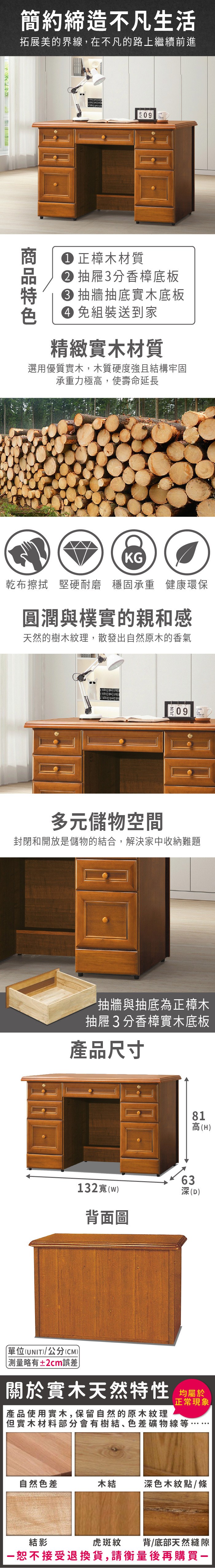 簡約締造不凡生活拓展美的界線,在不凡的路上繼續前進09 正樟木材質 抽屜3分香樟底板 抽牆抽底實木底板 組裝送到家精緻實木材質選用優質實木,木質硬度強且結構牢固承重力極高,使壽命延長KG乾布擦拭 堅硬耐磨穩固承重 健康環保圓潤與樸實的親和感天然的樹木紋理,散發出自然原木的香氣09多元儲物空間封閉和開放是儲物的結合,解決家中收納難題抽牆與抽底為正樟木抽屜3分香樟實木底板產品尺寸6381高(H132(w)(D)背面圖單位(UNIT)/公分(CM))略有±2cm誤差關於實木天然特性 均正常現象產品使用實木,保留自然的原木紋理但實木材料部分會有樹結、色差礦物線等自然色差木結深色木紋點/條虎斑紋背/底部天然縫隙結影恕不接受退換貨,請衡量後再購買一