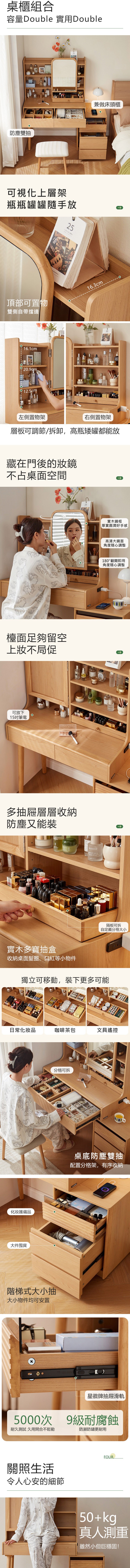 桌櫃組合容量Duble 實用Double防塵雙抽可視化上層架瓶瓶罐罐隨手放25頂部可置物雙側自帶擋邊161cm 12.5cm兼做床頭櫃16.3cm=左側置物架右側置物架層板可調節/拆卸,高瓶矮罐都能放藏在門後的鏡不占面空間檯面足夠留空上妝不局促可放下o15吋筆電25多抽屜層層收納防塵又能裝實木鏡框厚實圓潤好手感高清大鏡面角度隨心調整180°翻開即用角度隨心調整ficcecode 實木多寶抽盒收納桌面髮圈、口紅等小物件SK隔板可拆自定義分格大小獨立可移動,裝下更多可能日常化妝品咖啡茶包文具遙控化妝護膚品大件囤貨分格可拆階梯式大小抽大小物件均可安置桌底防塵雙抽配置分格架,有序收納 星徽牌抽屜滑軌5000次 9級耐腐蝕耐久測試 久用開合不鬆動防潮防鏽更耐用關照生活令人心安的細節FOUR.50+kg真人測重雖然小但巨穩固!