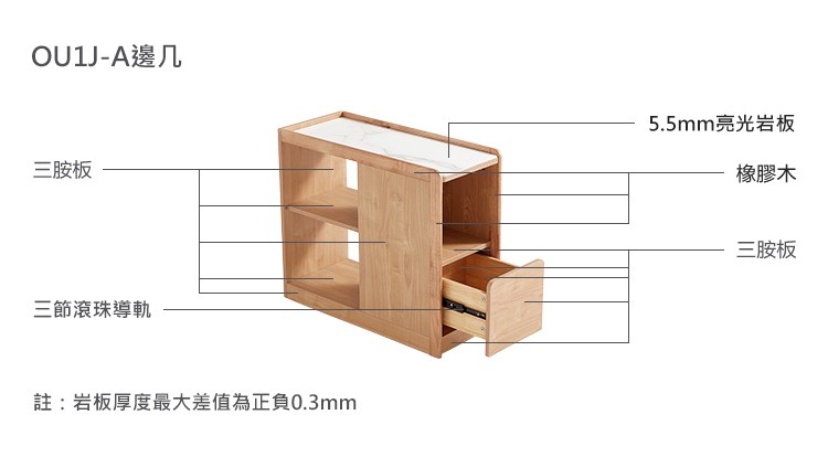 OU1J-A邊几三胺板5.5mm亮光岩板橡膠木三節滾珠導軌註:岩板厚度最大差值為正負0.3mm三胺板