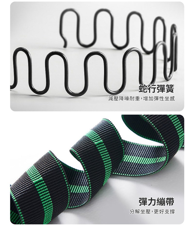 蛇行彈簧 減壓降噪耐重,增加彈性坐感 彈力繃帶 分解坐壓,更好支撐 