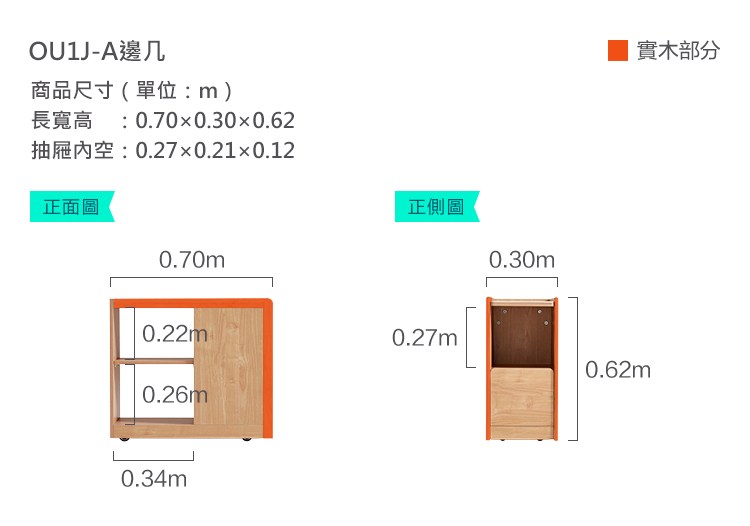 OU1J-A邊几商品尺寸(單位m)長寬高 : 0.700.300.62抽屜空:0.270.210.12正面圖0.70m正側圖0.27m0.26m0.34m0.30m實木部分0.62m