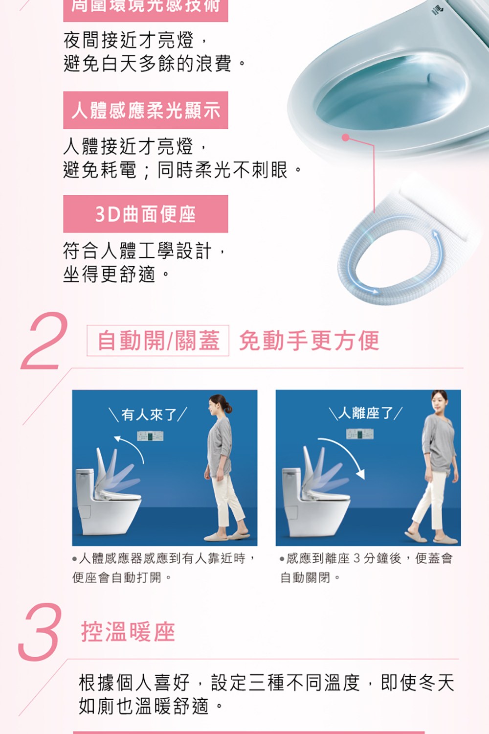 人體感應器感應到有人靠近時, 感應到離座3分鐘後,便蓋會