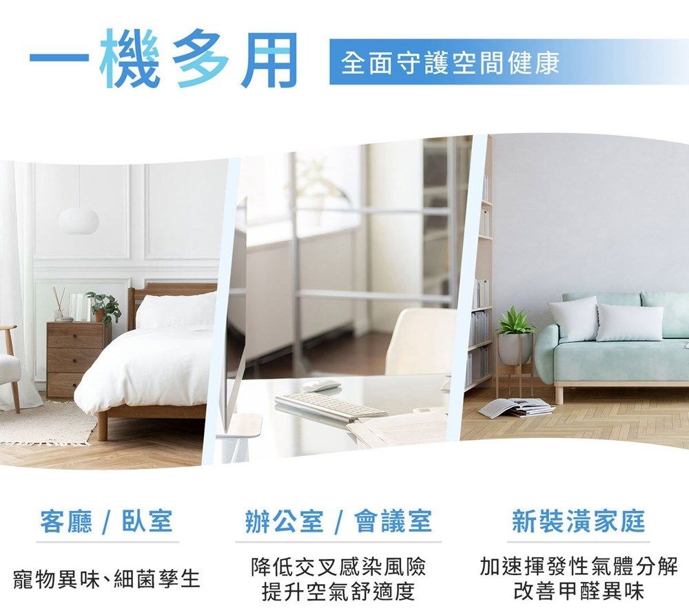 一機多用全面守護空間健康客廳 / 臥室寵物異味細菌孳生辦公室/會議室降低交叉感染風險提升空氣舒適度新裝潢家庭加速揮發性氣體分解改善甲醛異味