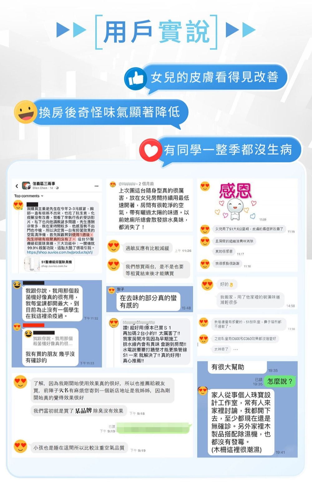 用戶實說]看得見改善 換房後奇怪味氣顯著降低信義區三兩事 Chen dTop comments我購買主要是先生在今年2-3胸部一直痰咳不出也吃了藥沒有改善我看了李執行長的受訪影片私下也向他教諸多問題,先生應酬非常多,我在家時間較多,他我不出門也中,所以決定買一台有抑菌效果的空氣清淨,首先我觀察到使用1後,先生呼吸有痰聲真的沒有了 這台醫療級抑菌機,三大功能中:一開機就9.9%殺菌功效,這點太酷了吸引我。https://shop.suvios.com.tw/products/s1/醫療級抑菌除臭機shop.suvios.com.tw個月前有同學一整季生病上次團這台隨身型真的很害,放在女兒持續用最低速開著,房間有很乾淨的空氣,帶有曬過太陽的味道。以前她廁所總會散發排水臭味,都消失了!感恩11.9女兒用了大約2星期,皮膚的癌症狀改善了房間的組織液消除過敏反應有比較減緩上午11:26真的很感恩11:17「我很感動很謝謝我們想買兩台,是不是也要等租賃結束後才能購買的我跟你說,我用那個殺菌機好像真的很有用,我每堂課都開最大,到目前為止沒有一個學生在我這裡染疫過。梨子在去味的部分真的有感的我搬家,用了他家裡的味道減輕很多14:5815:48下午11:329 0我跟你說,我用那個殺菌機好像真的很我有買的朋友幾乎沒有確診的讚!超好用!原本買S1再加碼2台小的!!太厲害了!!我家房間冷氣因為早期施工排水線會有異味 會跑到房間!!水電說要要打牆壁才能更換管線S1一來就解決了!!真的好用!真心推薦!!我是有的,1放,鼻子居然都不過敏了。之前臥室有C600和C360效果都沒好太神奇了下午11:33有很大幫助19:3519:35 怎麼說?了解,因為我剛開始使用效果真的很好,所以也推薦給親友買,前陣子名有麻煩您寄到一個新店地址是我姊姊,因為剛開始真的覺得效果很好我們當初就是買了某品牌除臭沒有效果下午9:18已請下午9:19小孩也是睡在這間所以比較注重空氣品質下午9:19家人從事個人珠寶設計工作室,常有人來家裡討論,我都開下去,至少都現在還是無確診。另外家裡木製品搭配除濕機,也都沒有發霉。(木柵這裡很潮濕)19:41