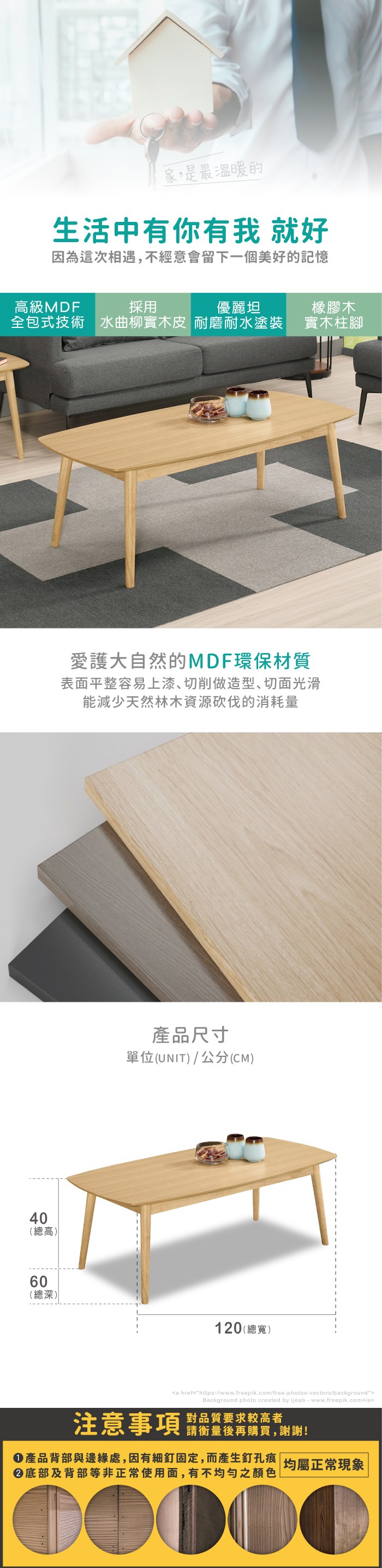 家,是最溫暖的生活中有你有我 就好因為這次相遇,不經意會留下一個美好的記憶高級MDF採用優麗坦全包式技術 水曲柳實木皮 耐磨耐水塗裝橡膠木實木柱腳40(總高)60(總深)愛護大自然的MDF環保材質表面平整容易上漆、切削做造型、切面光滑能減少天然林木資源砍伐的消耗量產品尺寸單位(UNIT)/公分(CM)120(總寬)a href=https://www.freepik.com/free-photos-vectors/backgroundBackground photo created by ijeab-www.freepik.com/a注意事項對品質要求較高者請衡量後再購買,謝謝!均屬正常現象產品背部與邊緣處,因有細釘固定,而產生釘孔痕|底部及背部等非正常使用面,有不均勻之顏色