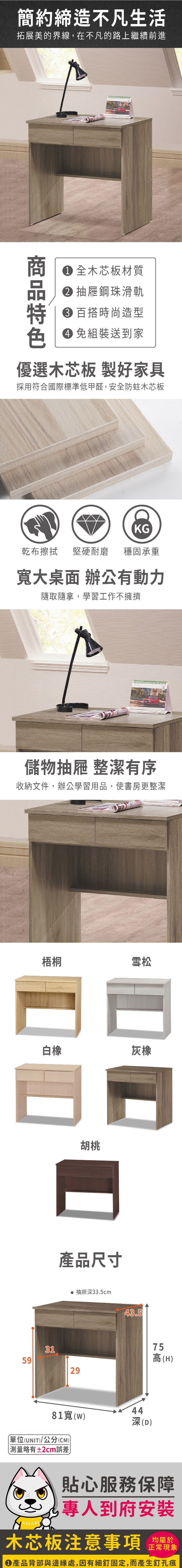 簡約締造不凡生活拓展美的界線,在不凡的路上繼續前進商 全木芯板材質 抽屜鋼珠滑軌 百搭時尚造型 組裝送到家優選木芯板 製好家具採用符合國際標準低甲醛,安全防蛀木芯板KG乾布擦拭堅硬耐磨 穩固承重寬大桌面 辦公動力隨取隨拿,學習工作不擁擠儲物抽屜 整潔有序收納文件,辦公學習用品,使書房更整潔59梧桐雪松白橡灰橡31胡桃產品尺寸29抽屜深33.5cm81寬()單位(UNIT)/公分(CM)略有±2cm誤差43.544深(D)75高(H)貼心服務保障專人到府安裝木芯板注意事項均屬於正常現象產品背部與邊緣處,因有細釘固定,而產生釘孔痕