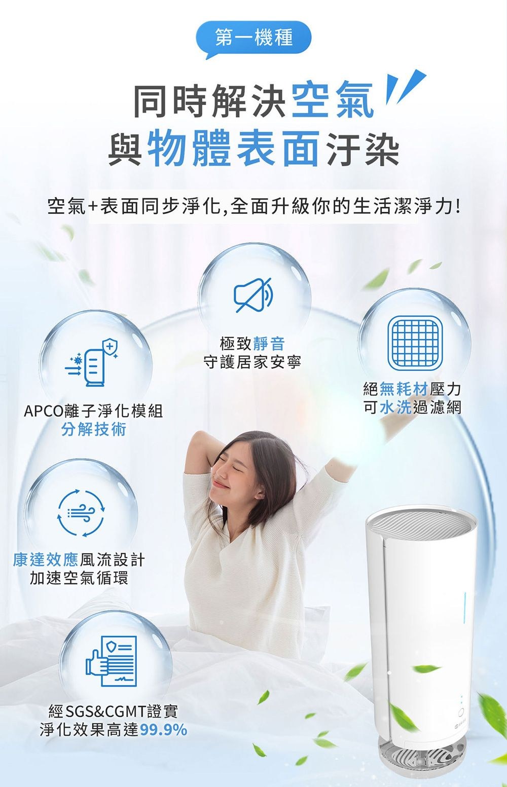 第一機種同時解決空氣!與物體表面汙染空氣+表面同步淨化,全面升級你的生活潔淨力!極致靜音守護居家安寧APCO離子淨化模組絕無耗材壓力可水洗過濾網分解技術康達效應風流設計加速空氣循環經SGS&CGMT證實淨化效果高達99.9%