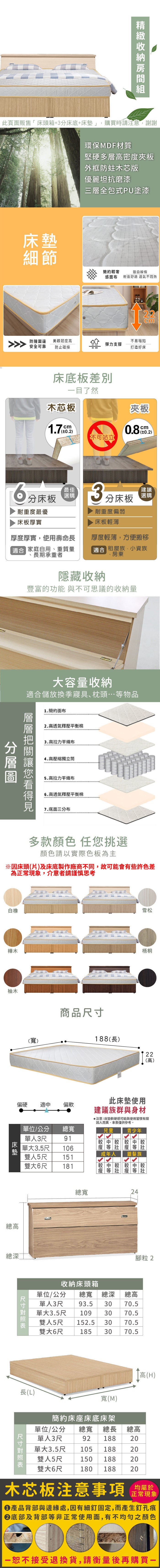 細節環保MDF材質堅硬多層高密度夾板外框木芯版優麗坦抗磨漆三層全包式PU塗漆簡約輕感面布銀白線條輕盈舒適透氣不悶熱cm防撞邊安全可靠美觀韌度高彈力支撐防止碰撞不易塌陷打造好床床底板一目了然木芯板夾板1.7m0.)0.2)不可站立分床板最佳選購3分床板建議選購耐重度最優耐重度偏弱床板厚實床板輕薄厚度厚實,使用壽命長厚度輕薄,方便搬移家庭自用、重質量長期承重者適合租屋族、小資族、房東隱藏收納豐富的功能 與不可思議的收納量大容量收納適合儲放換季寢具、枕頭等物品1.簡約布2.高透氣釋壓平衡3.高拉力平白橡4.高5.高拉力平6.高透氣釋壓平衡7.底面三分布多款顏色 任您挑選顏色請以實際色板為主樺木柚木(寬)商品雪松梧桐188(長)22(高)此床墊使用偏硬適中偏軟建議族群與身材注意:床墊軟硬感可能與使用習慣有關單位/公分 總寬因人而異,本僅供參考。兒童 青少年單人3尺91單大3.5尺106中 中成年人 銀髮族雙人5尺151雙大6尺181床墊總高總深總寬224較較較腳粒2收納床頭箱單位/公分 總寬總高總深單人3尺 93.5 30 70.5單大3.5尺 109 30 70.5雙人5尺 152.5 30 70.5雙大6尺185 30 70.5尺寸表長(L)寬(M)簡約床座床底床架單位/公分 總寬單人3尺單大3.5尺雙人5尺總長 總高2020高(H)92188105 188150 18820180 18820木芯板注意事項均屬於正常現象雙大6尺產品背部與邊緣處,因有細釘固定,而產生釘孔痕底部及背部等非正常使用面,有不均勻之顏色一恕不接受退換貨,請衡量後再購買