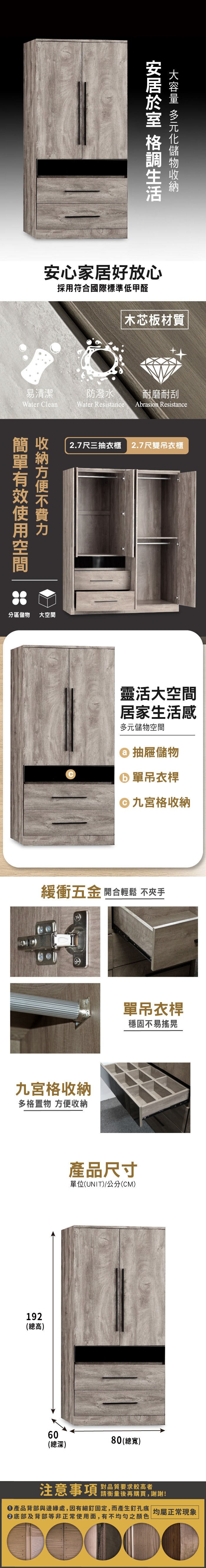 安心家居好放心採用符合國際標準低甲醛木芯板材質易清潔防潑水 耐磨耐刮Water leanWater Resistance Abrasion Resistance分區儲物 大空間2.7尺三抽衣櫃 2.7尺雙吊衣櫃靈活大空間居家生活感多元儲物空間抽屜儲物C單吊衣桿九宮格收納緩衝五金 開合輕鬆 不夾手九宮格收納多格置物 方便收納192(總高)單吊衣桿穩固不易搖晃產品尺寸單位(UNIT)/公分(CM)60(總深)80(總寬)注意事項 品質要求较高者請衡量後再購買,謝謝!產品背部與邊緣處,因有細釘固定,而產生釘孔痕 均屬正常|底部及背部等非正常使用面,有不均勻之顏色