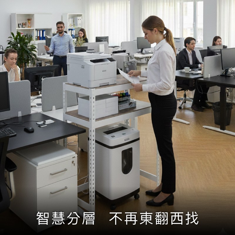 免螺絲角鋼印表機層架，整合印表機、路由器與墨水瓶的集中收納效果