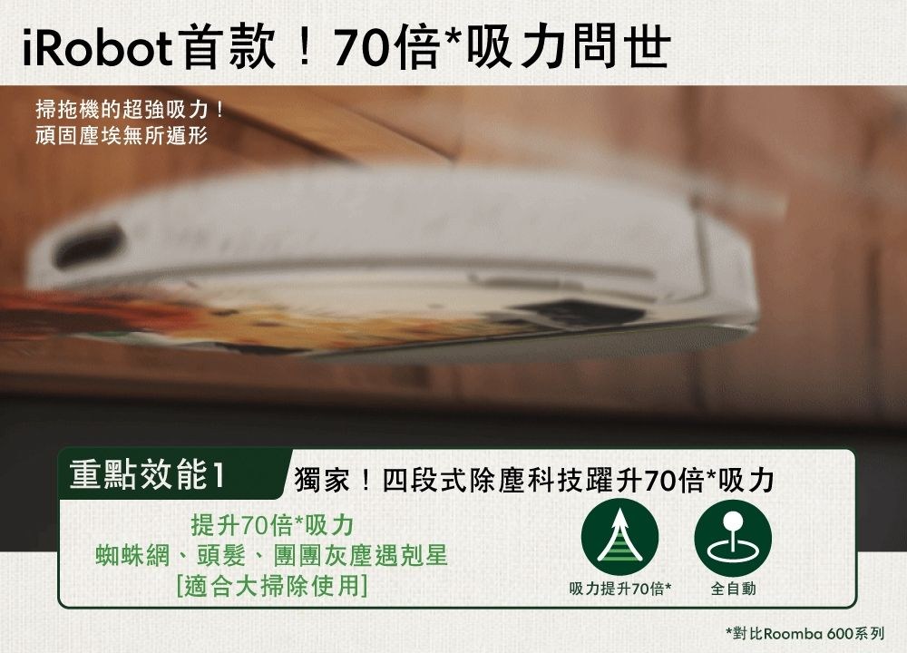 iRobot首款!70倍*吸力問世掃拖機的超強吸力!頑固塵埃無所遁形重點效能1獨家!四段式除塵科技躍升70倍*吸力提升70倍*吸力蜘蛛網、頭髮、團團灰塵遇剋星[適合大掃除使用]吸力提升70倍*全自動*對比Roomba 600系列