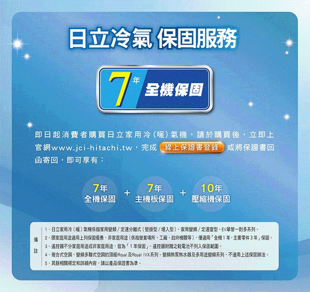 4.複合式空調、變頻多聯式空調的頂級Royal 及Royal IVX系列、變頻熱泵熱水器及多用途變頻系列,不適用上述保固辦法。
