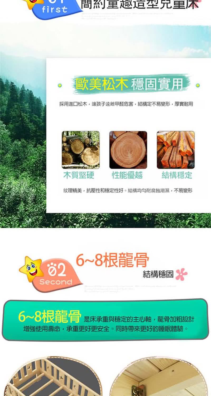 採用進口松木,讓孩子遠離甲醛危害,結構定不易變形,厚實耐用