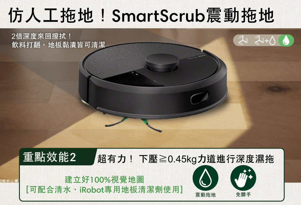 仿人工拖地!SmartScrub震動拖地2倍深度來回擦拭!飲料打翻、地板黏漬皆可清潔 重點效能2超有力!下壓≥0.45kg力道進行深度濕拖以建立好100%視覺地圖[可配合清水、iRobot專用地板清潔劑使用]震動拖地免髒手