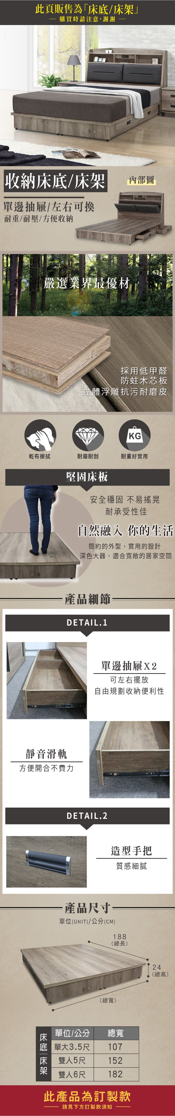 此頁販售為「床購買時請注意,謝謝收納/床架單邊抽屜/左右可換耐重/耐壓/方便收納嚴選業界最優材內部圖採用低甲醛防蛀木芯板立體浮雕抗污耐磨皮KG乾布擦拭耐磨耐刮耐重好實用堅固床板安全穩固不易搖晃耐承受性佳自然融入 你的生活簡約的外型,實用的設計深色大器,適合寬敞的居家空間產品細節DETAIL.1靜音滑軌方便開合不費力單邊抽屜X2可左右擺放自由規劃收納便利性DETAIL.2造型手把質感細膩·產品尺寸——單位(UNIT)/公分(CM)188(總長)(總寬)單位/公分底 單大床底床架3.5尺雙人5尺雙人6尺總寬107152182此產品為訂製款請見下方訂製款須知24(總高)