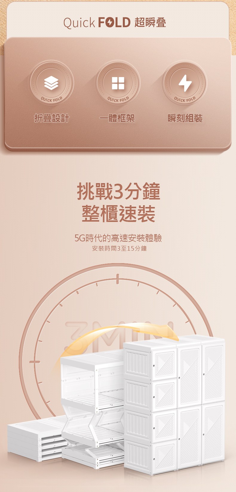 Quick FOLD 超瞬叠4QUICK FOLDQUICK FOLDQUICK FOLD折疊設計一體框架瞬刻組裝挑戰3分鐘整櫃速裝5G時代的高速安裝體驗安裝時間3至15分鐘ZM
