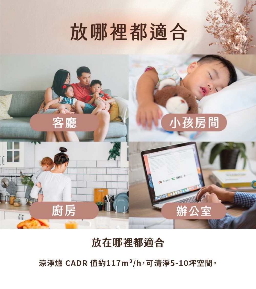 涼淨爐 CADR 值約117mh,可清淨510坪空間。