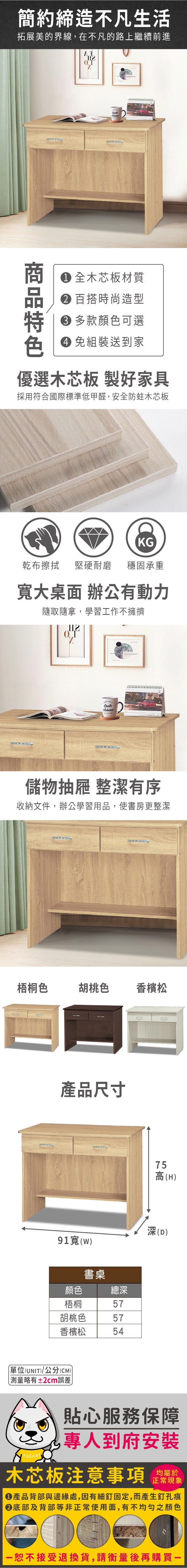 簡約締造不凡生活拓展美的界線在不凡的路上繼續前進色 全木芯板材質 百搭時尚造型 多款顏色可選免組裝送到家優選木芯板 製好家具採用符合國際標準低甲醛,安全防蛀木芯板KG乾布擦拭堅硬耐磨 穩固承重大桌面 辦公有動力隨取隨拿,學習工作不擁擠儲物抽屜 整潔有序收納文件,辦公學習用品,使書房更整潔梧桐色胡桃色香檳松產品尺寸91寬()顏色書桌總深梧桐57胡桃色57香檳松54單位(UNIT)/公分(CM)略有±2cm誤差75高(H)深(D)貼心服務保障,專人到府安裝木芯板注意事項均屬於正常現象產品背部與邊緣處,因有細釘固定,而產生釘孔痕底部及背部等非正常使用面,有不均勻之顏色恕不接受退換貨,請衡量後再購買