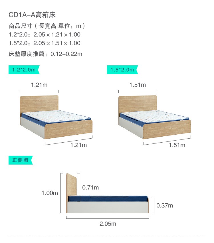 CD1A-A商品尺寸(長寬高 單位m)2.0 2.05  1.21  1.001.52.0: 2.05  1.51  1.00床墊厚度推薦:0.12-0.22m1.22.0m1.21m1.52.0m1.51m1.21m1.51m正側圖1.00m0.71m2.05m0.37m