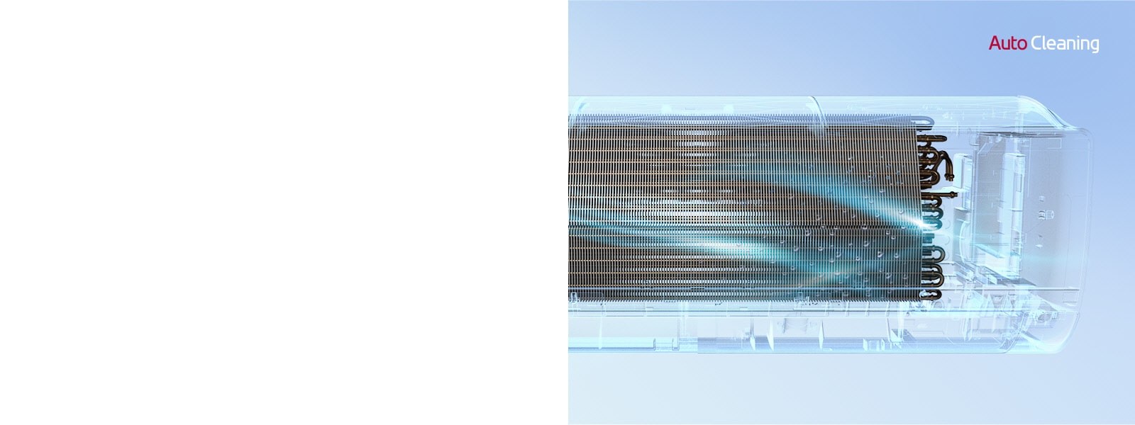 LG 空調的前視圖，其外殼纯透明，讓您可見機器內部工作原理。機器正在運轉，然後自動清潔功能的藍光亮起，並利用藍光清潔整台機器。右下角顯示 AutoCleaning 標誌。