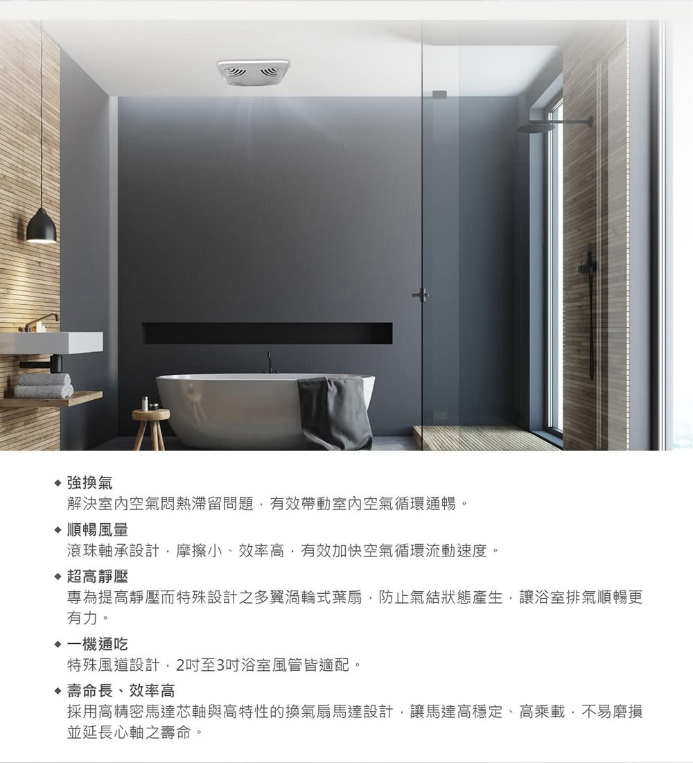 專為提高靜壓而特殊設計之多翼渦輪式葉扇,防止氣結狀態產生,讓浴室排氣順暢更