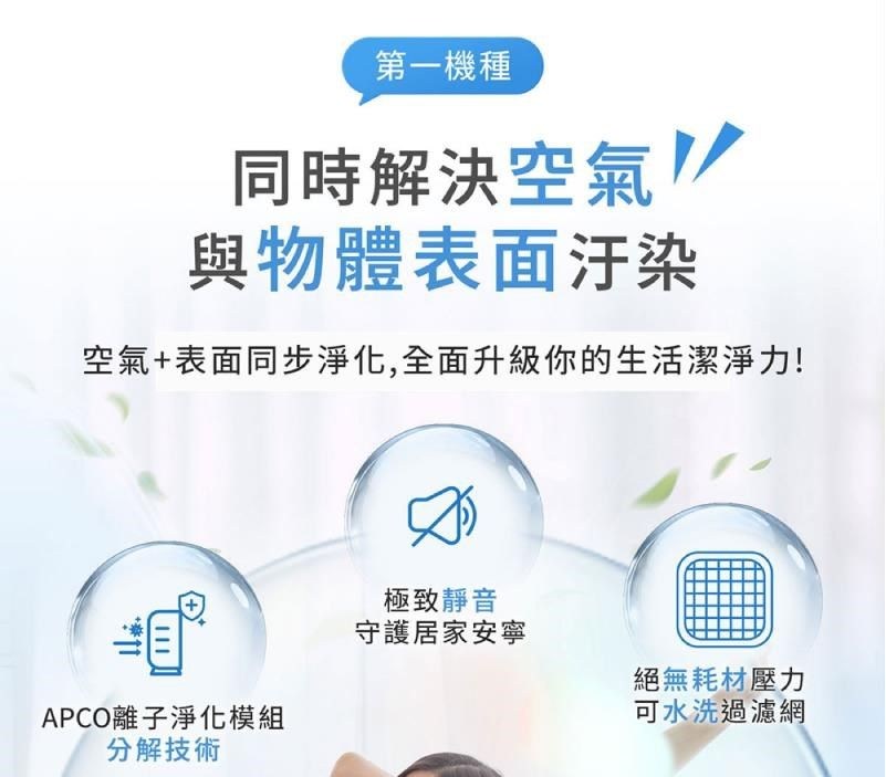 第一機種同時解決空氣與物體表面汙染空氣+表面同步淨化,全面升級你的生活潔淨力!極致靜音守護居家安寧絕無耗材壓力APCO離子淨化模組可水洗過濾網分解技術