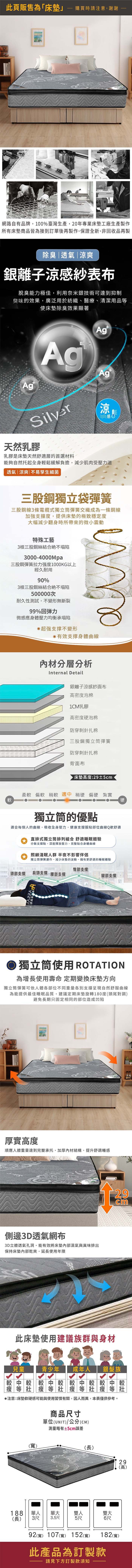 此頁販售為「床墊購買時請注意,謝謝網路有品牌,100%臺灣生產,20年專業床墊工廠生產製作所有床墊商品皆為接到訂單後再製作,保證全新,非回收品再製除臭|透氣|涼爽銀離子涼感紗表布脫臭能力極佳,利用奈米銀技術可達到抑制臭味的效果,廣泛用於紡織、醫療、清潔用品等使床墊除臭效果顯著AgSilver涼天然乳膠乳膠床墊天然舒適層的首選材料能夠自然托起全身輕鬆緩解負擔,減少肌肉受壓力道透氣|涼爽|不易孳生細菌三股鋼獨立袋彈簧三股鋼線3條電纜式獨立彈簧交織成為一條鋼線加強支撐度,提供床墊的極致穩定度大幅減少翻身時所帶來的微小震動特殊工藝3根三股鋼絲結合絕不塌陷3000-4000Mpa三股鋼彈簧拉力强度1000KG以上經久耐用90%3根三股鋼絲結合絕不塌陷500000次耐久性測試,不變形無斷裂99%回弹力微感應身體壓力均衡承塌陷支撑不變形有效支撑身體曲線材分層分析Internal Detail銀離子涼感紗面布高密度泡棉1CM乳膠高密度硬泡棉防穿刺針扎棉三股鋼獨立筒彈簧防穿刺針扎棉背面布床墊高度:29±5cm柔軟 偏軟 稍軟 適中 稍硬 偏硬紮實軟硬獨立筒的優點適合每個人的曲線,吸收全身壓力,健康支撐服貼部位曲線Q軟舒適直排式獨立筒排列組合 舒適眠體驗分散支撐點,深度釋放壓力,完整貼合身體曲線照顧淺眠人群 半夜不影響伴侶獨立筒彈簧運作,減少床墊的波動,擁有更舒適的睡眠體驗臀部支撐頭部支撐肩頸支撐腰部支撐腿部支撐 獨立筒使用 ROTATION為增長使用壽命 定期變換床墊方向獨立筒彈簧可依人體各部位不同重量各別支撐呈現自然舒服曲線為能提供最佳睡眠品質,建議定期床墊旋轉180度(頭尾對調)避免長期只固定相同的部位造成凹陷DAOGEAS厚實高度順應人體重量達到完整承托,加厚內材結構,提升舒適睡感DAOGEAS側邊3D透氣網布3D立體透氣孔洞,能有效將床墊濕氣與異味排出保持床墊乾爽,延長使用年限自介 29cm此床墊使用建議族群與身材兒童青少年成年人銀髮族較中較較中較較中較較中等壯瘦等壯 瘦等壯瘦等壯注意:床墊軟硬感可能與使用習慣有關,因人而異,本表僅供參考。188(長)(寬)商品尺寸單位(UNIT)/公分(CM)測量略有±5cm誤差(長)29(高)單人單大雙人雙大3尺 3.5尺5尺6尺92(寬) 107(寬) 152(寬)182(寬)此產品為訂製款請見下方訂製款須知