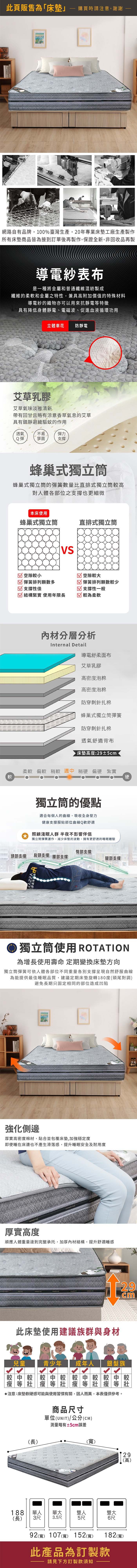 軟此頁販售為「床墊購買時請注意,謝謝DAOGEAS網路自有品牌,100%臺灣生產,20年專業床墊工廠生產製作所有床墊商品皆為接到訂單後再製作,保證全新,非回收品再製導電紗表布是一種將金屬和普通纖維混紡製成纖維的柔軟和金屬之特性,兼具高附加價值的特殊材料導電紗的織物亦可以用來抗靜電等特徵具有降低身體靜電、電磁波、促進血液循環功用立體車 防靜電艾草乳膠艾草氣味淡雅清新帶有回甘且略有涼意香草氣息的艾草具有鎮靜避驅蚊的作用透氣不易彈力Q彈孳菌支撐蜂巢式獨立筒蜂巢式獨立筒的彈簧數量比直排式獨立筒高對人體各部位之支撐也更細微本床使用蜂巢式獨立筒直排式獨立筒VS 空隙小 空隙 彈簧排列顆數多 彈簧排列顆數較少支撐性佳支撐性一般 結構緊實使用年限長較為柔軟材分層分析Internal Detail導電舒柔面布艾草乳膠高密度泡棉高密度泡棉防穿刺針扎棉蜂巢式獨立筒彈簧防穿刺針扎棉透氣舒適背布床墊高度:29±5cm柔軟 偏軟 稍軟 適中 稍硬 偏硬 紮實硬獨立筒的優點適合每個人的曲線,吸收全身壓力健康支撐服貼部位曲線Q軟舒適照顧淺眠人群 半夜不影響伴侶獨立筒彈簧運作,減少床墊的波動,擁有更舒適的眠體驗臀部支撐頭部支撐肩頸支撐腰部支撐腿部支撐獨立筒使用 ROTATION為增長使用壽命 定期變換床墊方向獨立筒彈簧可依人體各部位不同重量各別支撐呈現自然舒服曲線為能提供最佳睡眠品質,建議定期床墊旋轉180度(頭尾對調)避免長期只固定相同的部位造成凹陷強化側邊1DAOGEAS厚實高密度棉材,貼合並包覆床墊,加強穩定度即使睡在床邊也不產生滑落,提升睡眠安全及耐用度厚實高度DAOGEAS順應人體重量達到完整承托,加厚內材結構,提升舒適睡感DAOGEAS此床墊使用建議族群與身材29cm兒童等較青少年 成年人等較銀髮族等壯瘦等壯注意:床墊軟硬感可能與使用習慣有關,因人而異,本表僅供參考。商品尺寸(長)單位(UNIT)/公分(CM)測量略有±5cm誤差(寬)29(高)188單人單大雙人雙大(長)3尺3.5尺5尺6尺92(寬) 107(寬) 152(寬)182(寬)此產品為訂製款請見下方訂製款須知