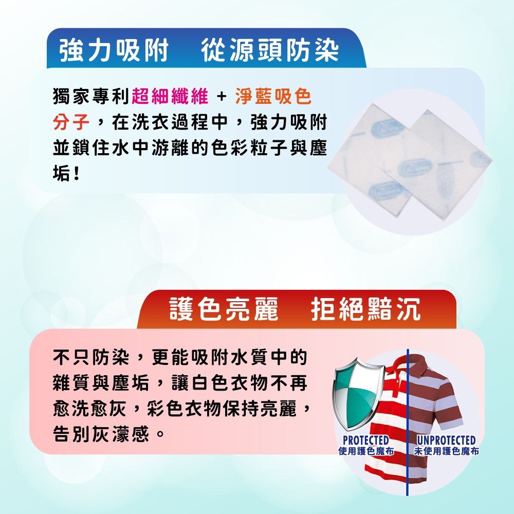 強力吸附 從源頭防染獨家專利超細纖維+淨藍吸色分子,在洗衣過程中,強力吸附並鎖住水中游離的色彩粒子與塵垢!護色亮麗 拒絕黯沉不只防染,更能吸附水質中的雜質與塵垢,讓白色衣物不再愈洗愈灰,彩色衣物保持亮麗,告別灰濛感。PROTECTED使用護色魔布UNPROTECTED未使用護色魔布