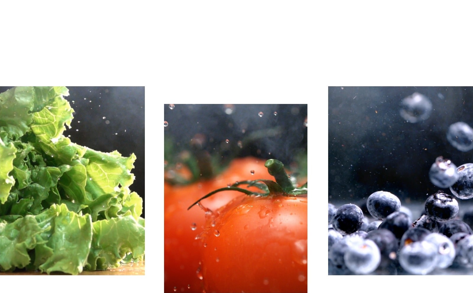 新鮮的綠色生菜的特寫影片旁是水滴落在新鮮紅番茄上的特寫影片，一旁是生鮮藍莓四處移動的影片。