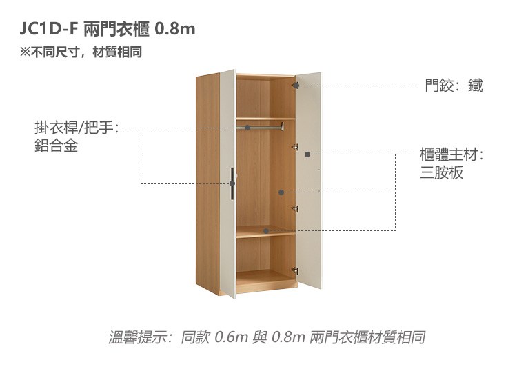 材質：JC1D-F 兩門衣櫃 0.6M & 0.8 M _ 無抽屜款