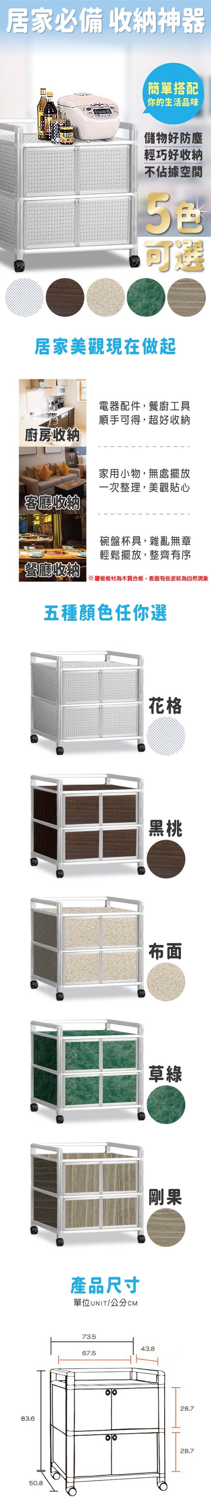 居家必備 收納神器簡單搭配你的生活品味儲物好防塵輕巧好收納不佔據空間可選居家美觀現在做起電器配件,餐廚工具順手可得,超好收納廚房收納客廳收納家用小物,無處擺放一次整理,美觀貼心碗盤杯具,雜亂無章輕鬆擺放,整齊有序餐廳收納※層板板材為木質合板,表面有些波紋為自然現象五種顏色任你選83.650.8產品尺寸單位UNIT/公分CM花格黑桃布面草綠剛果73.543.867.528.728.7