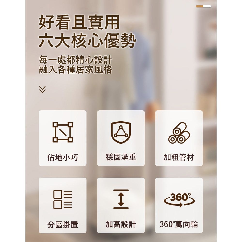 好看且實用六大核心優勢每一處都精心設計融入各種居家風格佔地小巧穩固承重加粗管材360分區掛置加高設計360°萬向輪