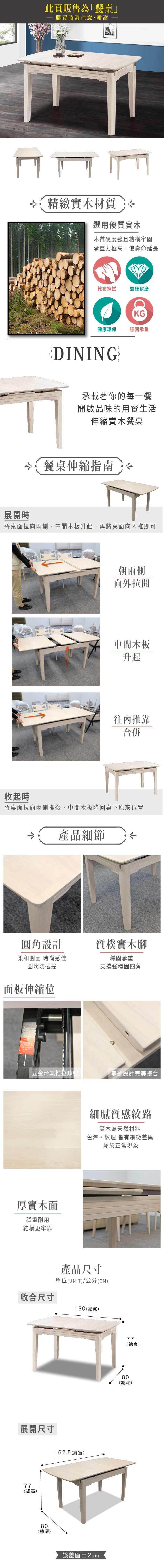 此頁販售為「餐桌」購買時請注意,謝謝精緻實木材質選用優質實木木質硬度強且結構牢固承重力極高,使壽命延長乾布擦拭堅硬耐磨KG健康環保穩固承重DINING承載著你的每一餐開啟品味的用餐生活伸縮實木餐桌餐桌伸縮指南展開時將桌面拉向,中間木板升起,再將桌面向內推即可收起時朝兩側向外拉開中間木板升起往內推靠合併將桌面拉向兩側推後,中間木板降回桌下原來位置產品細節圓角設計柔和圓面 時尚感佳質樸實木腳穩固承重支撐強穩固四角圓潤防碰撞面板伸縮位the 五金滑軌推拉順暢「無縫設計完美接合厚實木面穩重耐用結構更牢靠細膩質感紋路實木為天然材料色澤,紋理 皆有細微差異屬於正常現象產品尺寸單位UNIT)/公分(CM)收合尺寸130(寬)展開尺寸77總(總高)80(總深)162.5(總寬)誤差值±2cm8077(總高)(總深)