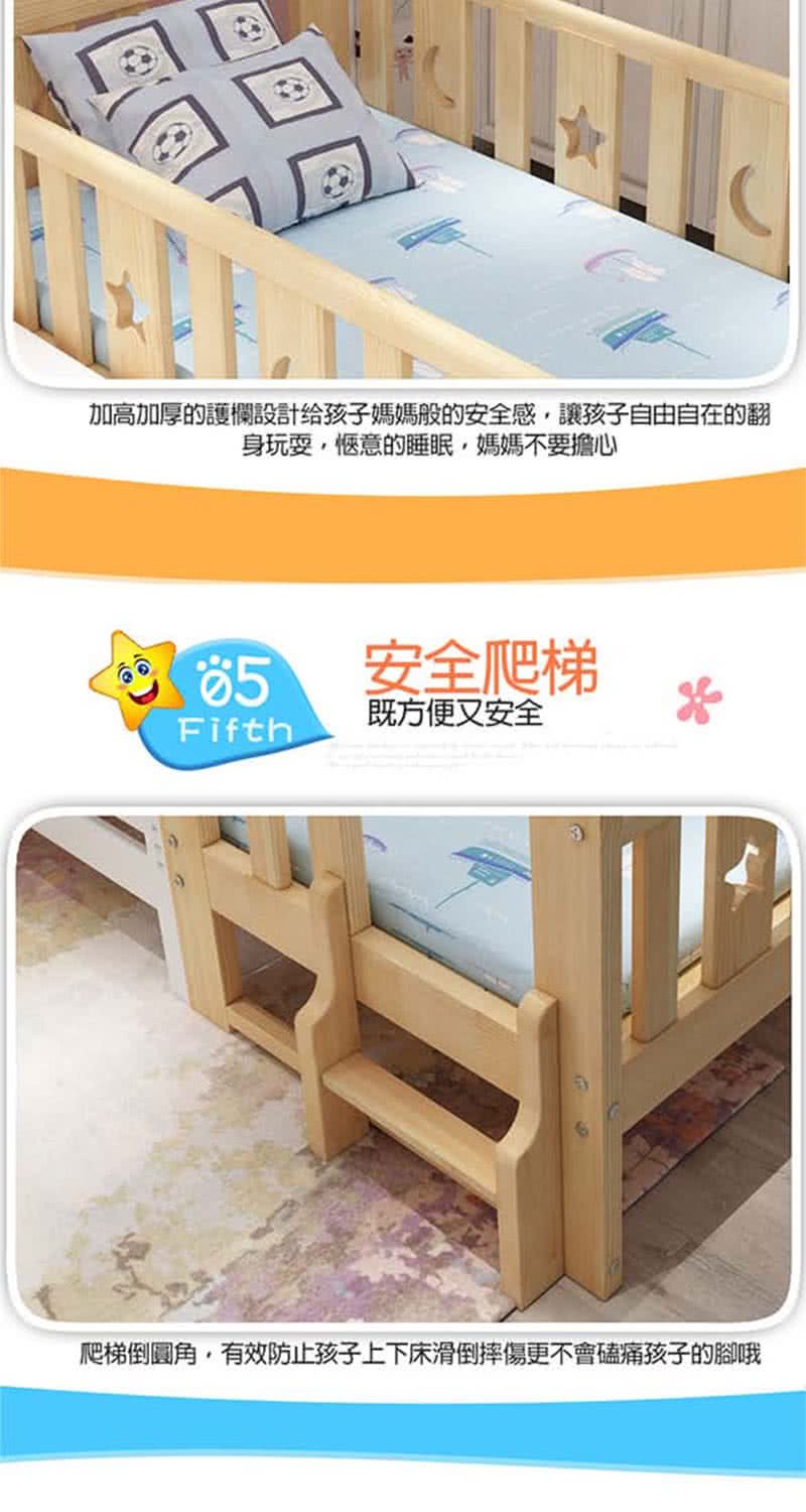 加高加厚的護欄設計给孩子媽媽般的安全感,讓孩子自由自在的翻 身玩耍,愜意的睡眠,媽媽不要擔心 安全爬梯 既方便又安全 爬梯倒圓角,有效防止孩子上下床滑倒摔傷更不會磕痛孩子的腳哦 