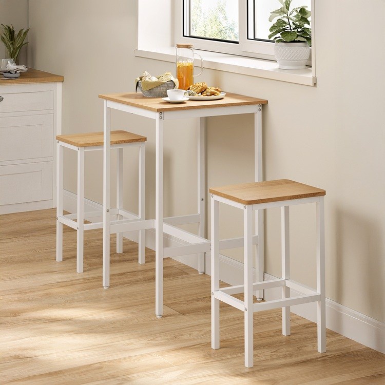 歐洲E1等級原木色刨花板和白色金屬鋼材打造堅固耐用吧檯餐桌椅組